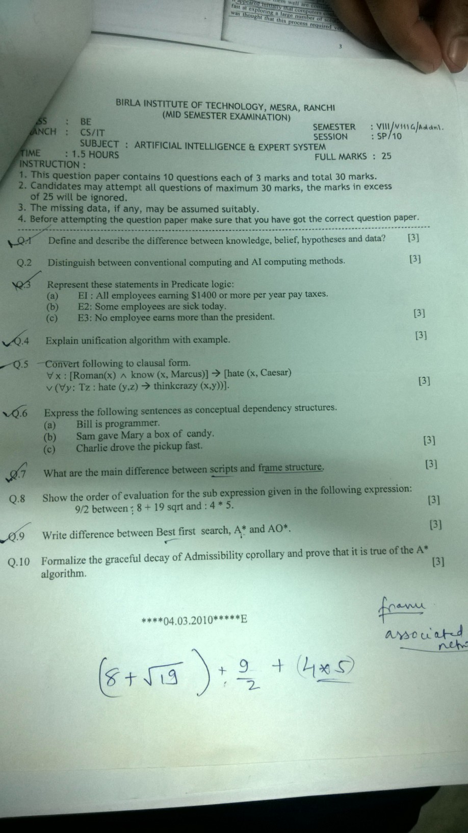 Artificial Intelligence and Expert System Question Paper-858_a i mid sem.jpg